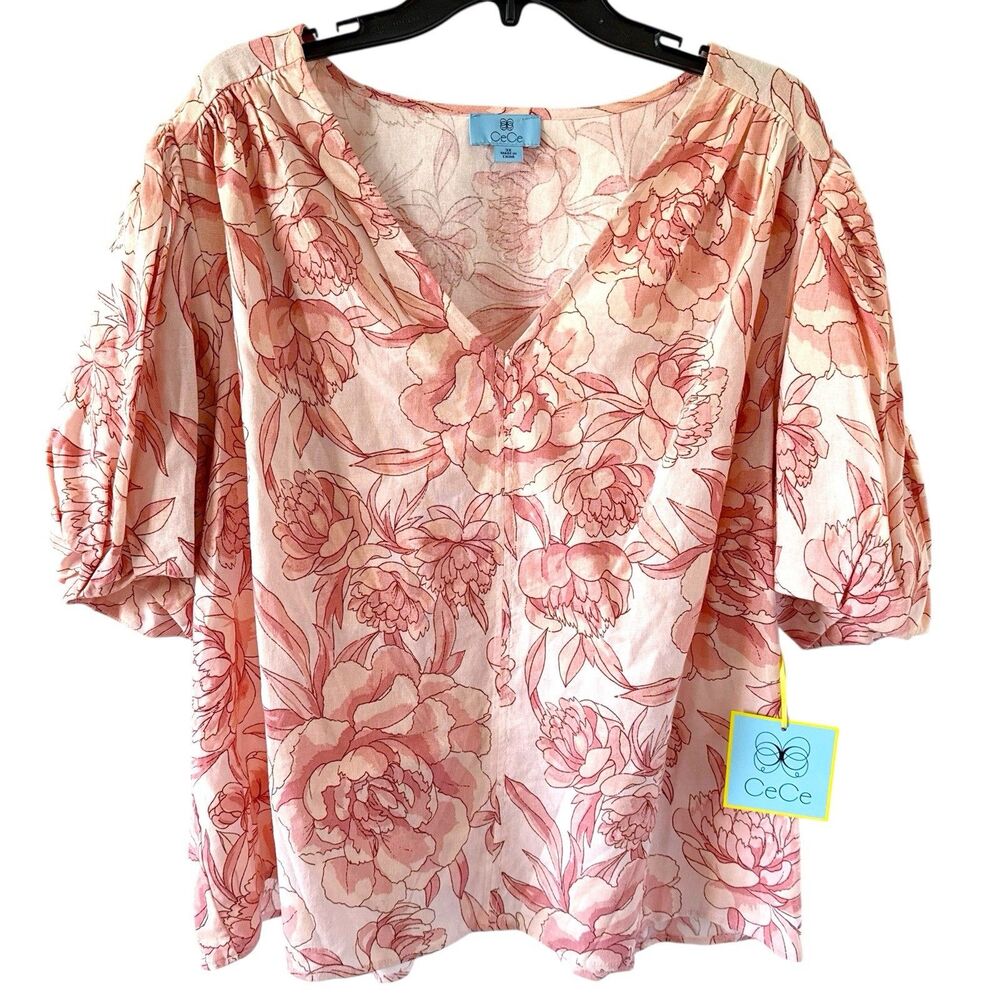 NEW Cece Rose Floral Print Puff Sleeve Linen Blend Rayon Blouse Top Shirt 3X
